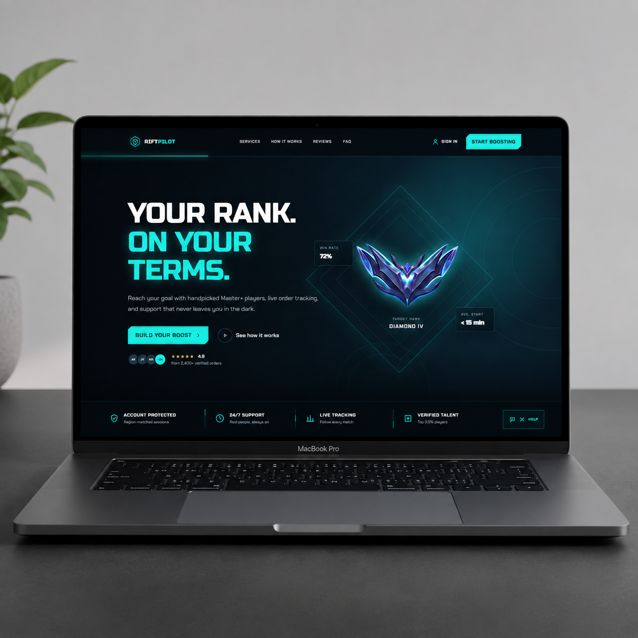 RiftPilot gaming rank boosting landing page shown on a laptop